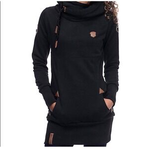 Naketano W Medium Black Cowl Neck Hooded Sweater Dress Pullover Kangaroo Pocket‎